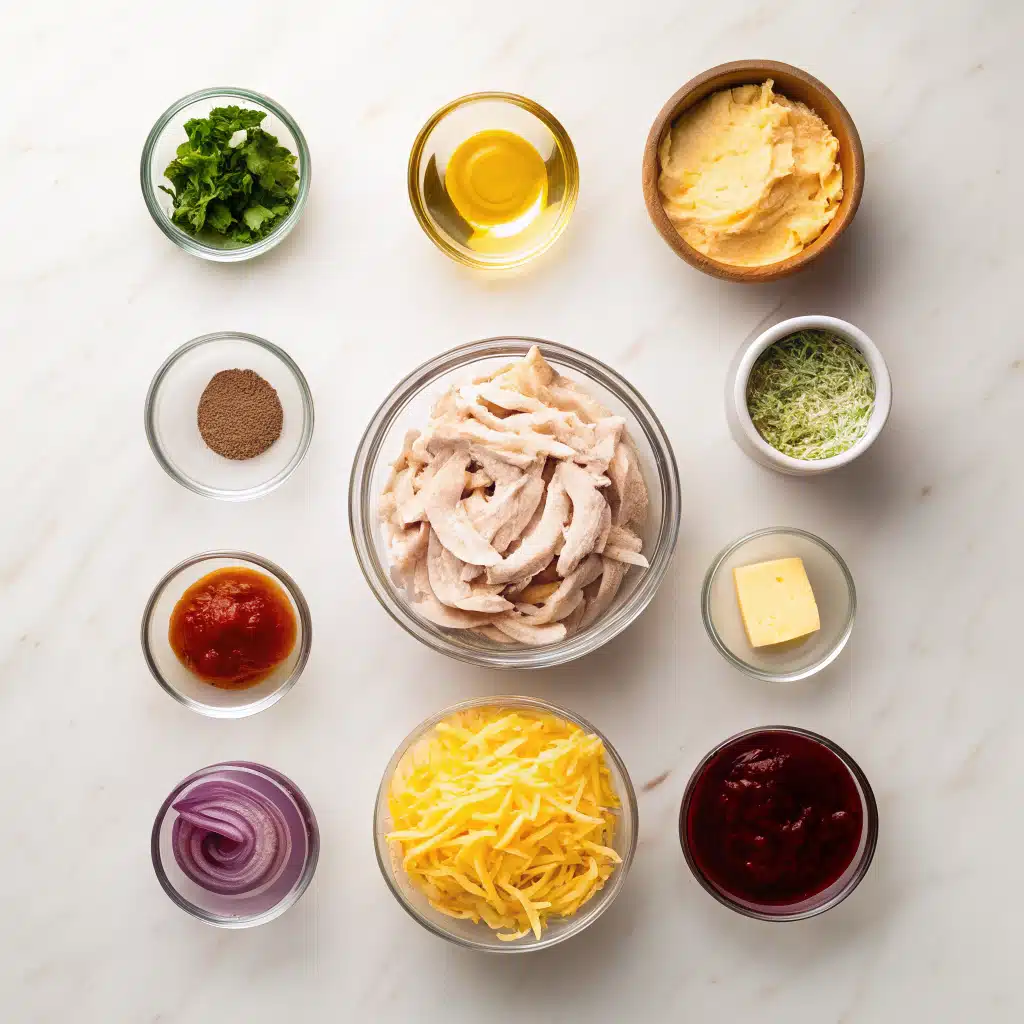 Ingredients for making BBQ Chicken Pizza including cheese, chicken, BBQ sauce, and herbs