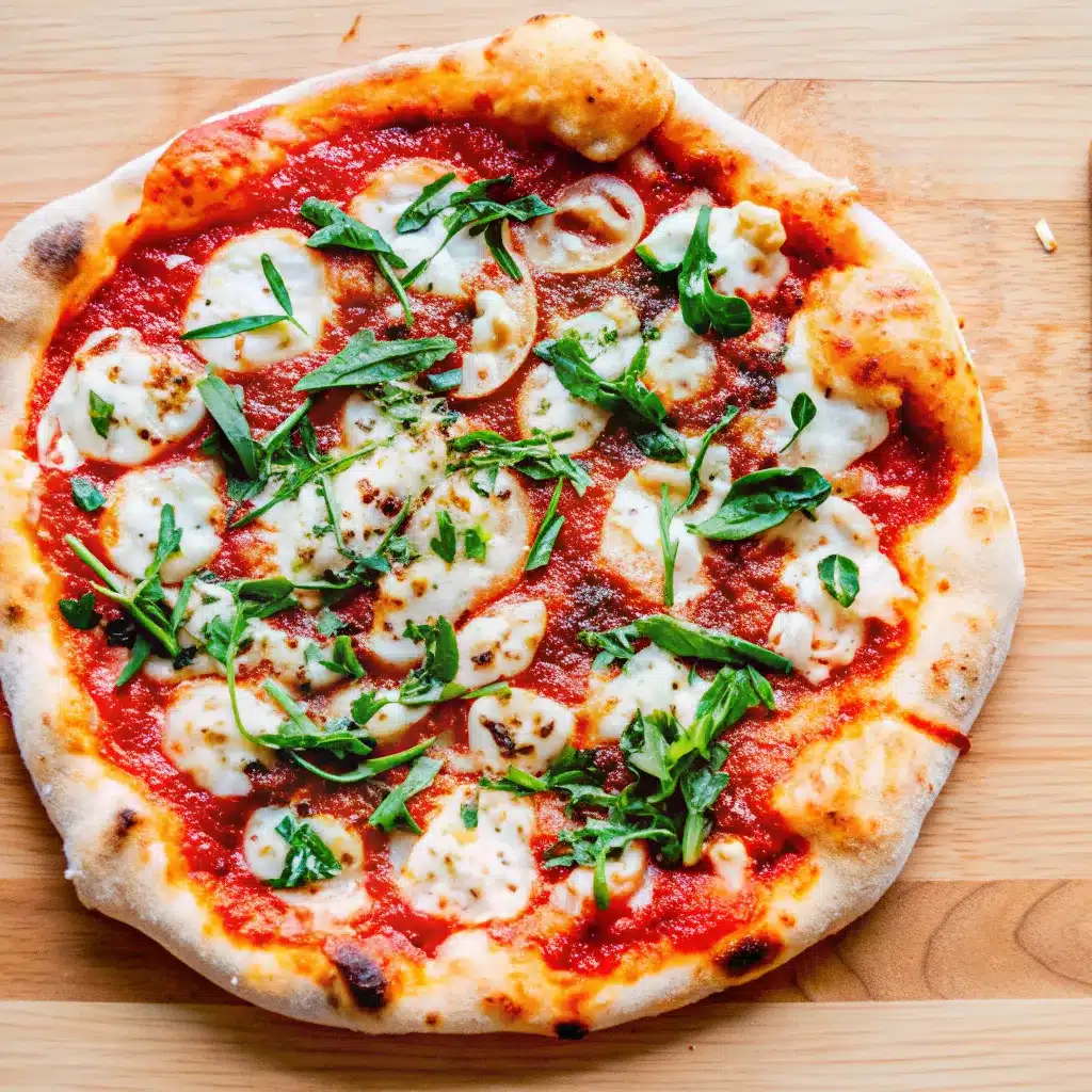 Classic Margherita Pizza on rustic wooden table with fresh basil and mozzarella