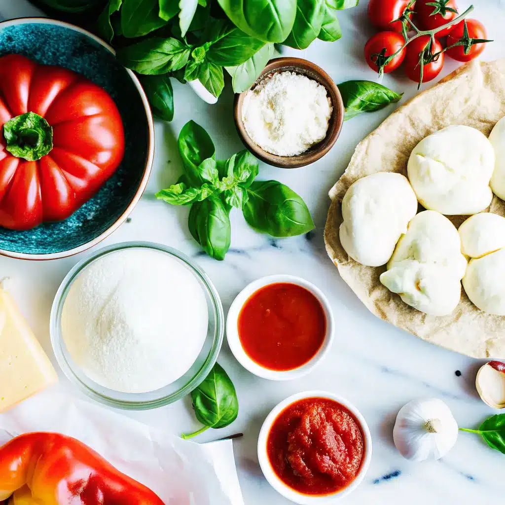 Fresh ingredients for Classic Margherita Pizza including tomatoes, basil, and mozzarella